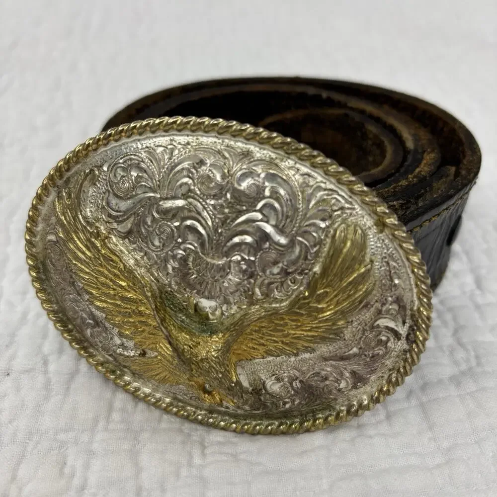 Heritage Collection Silver Gold Tone Eagle Belt Buckle & Leather Eagle Belt 38”